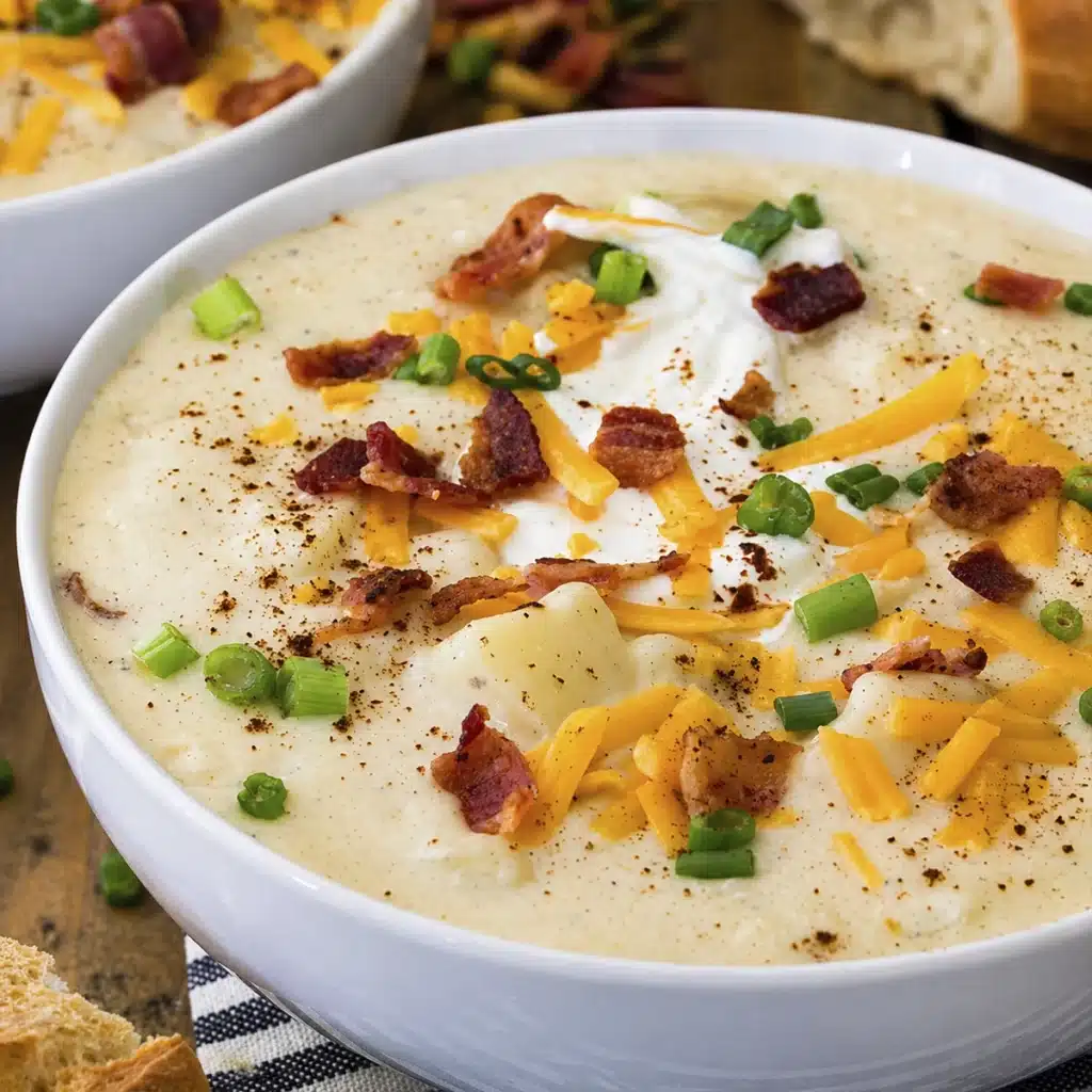 Creamy Potato Soup topped with cheese green onions and beef bacon pieces in a white bowl
