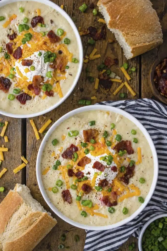 Creamy Potato Soup served in bowls with cheese beef bacon green onions and fresh bread on the side