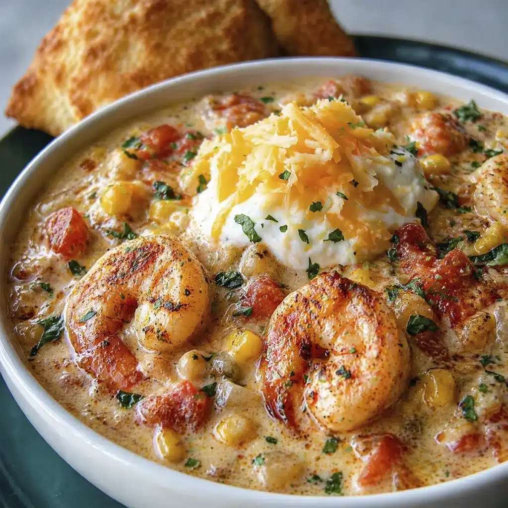 Creamy Seafood and Shrimp Chili in a bowl with shrimp corn and melted cheese topping