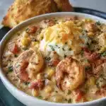 Creamy Seafood and Shrimp Chili in a bowl with shrimp corn and melted cheese topping