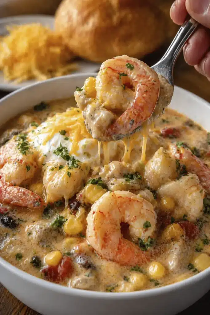 Spoonful of creamy seafood and shrimp chili with shrimp corn and thick creamy texture