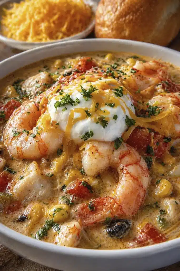 Creamy seafood and shrimp chili served with bread and topped with cheese and herbs