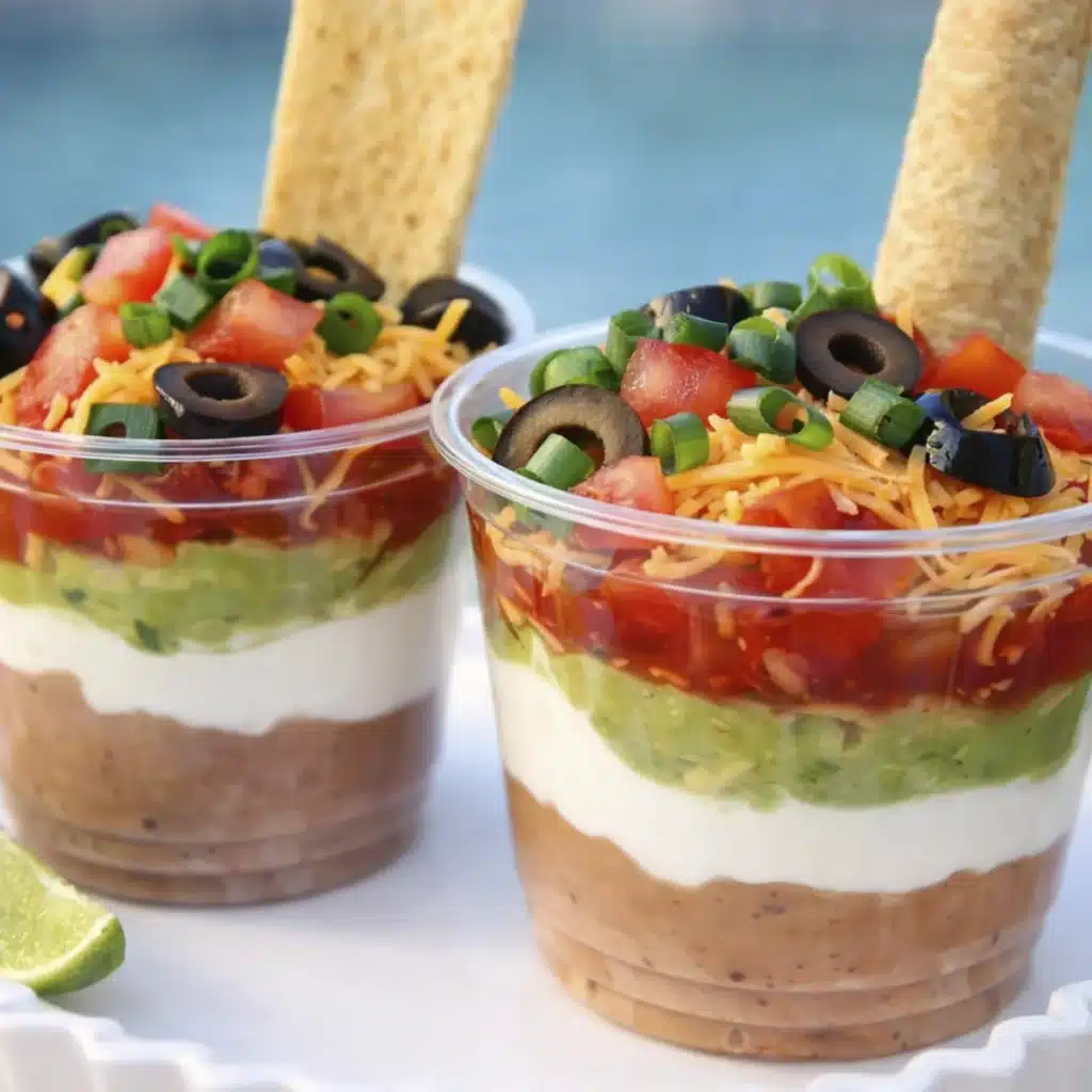 easy Cinco De Mayo snacks individual layered dip cups with beans sour cream guacamole salsa and cheese