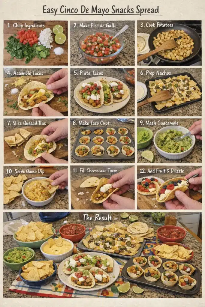 easy Cinco De Mayo snacks step by step guide showing pico de gallo tacos nachos guacamole and taco cups preparation