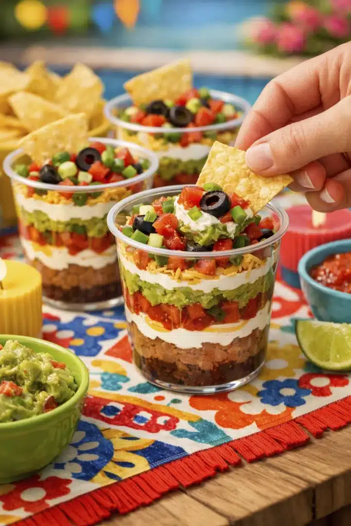 easy Cinco De Mayo snacks layered taco dip cups with guacamole salsa cheese and tortilla chip