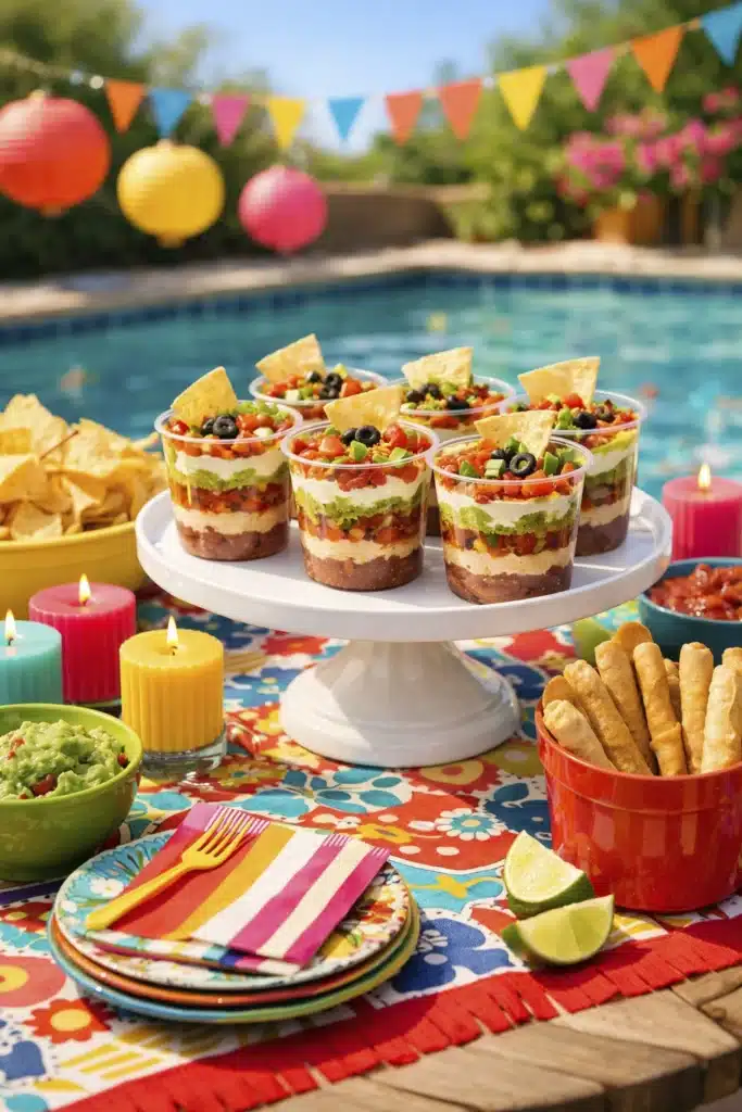 easy Cinco De Mayo snacks table with layered dip cups tortilla chips guacamole and festive outdoor party setup