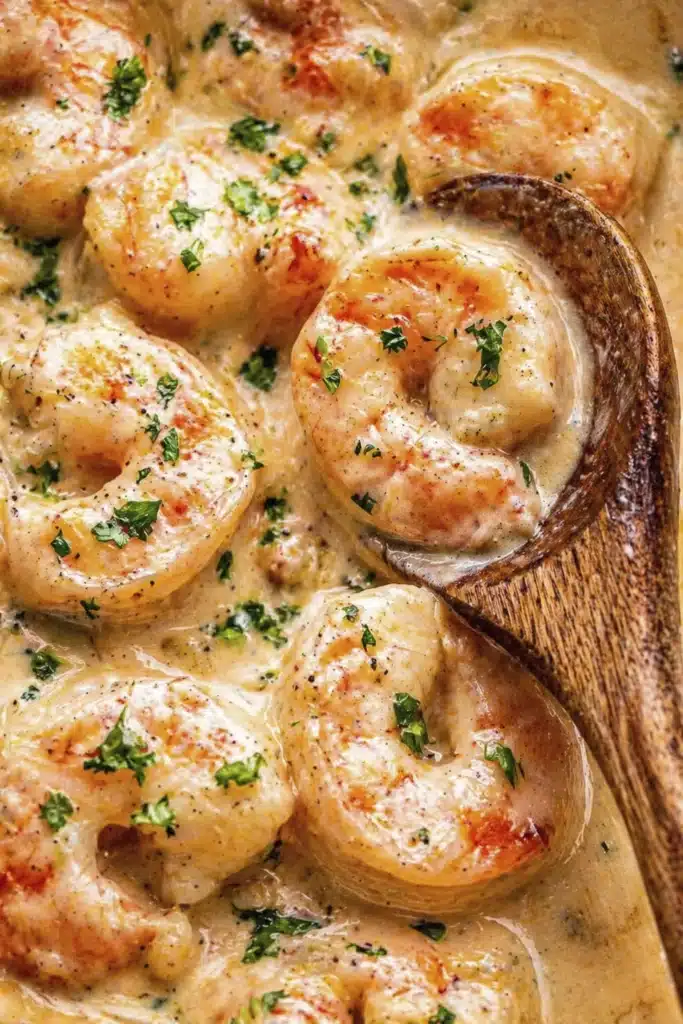 Close up of creamy garlic shrimp in a thick garlic butter cream sauce