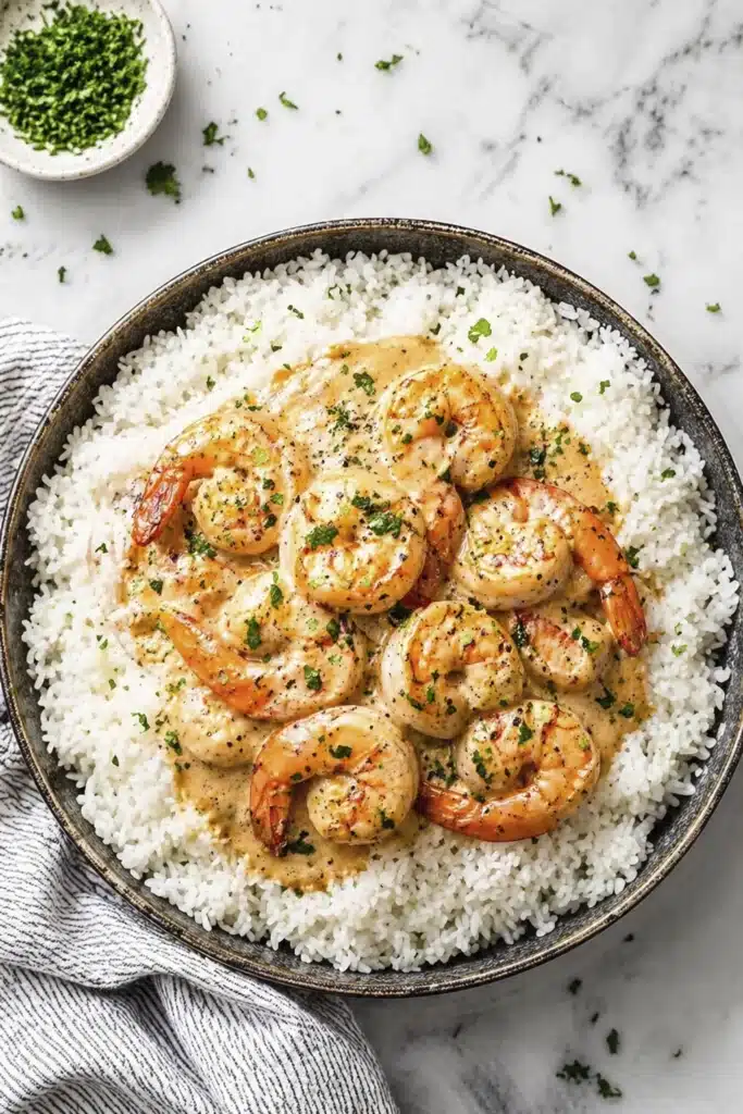 Creamy garlic shrimp cooking in a skillet with creamy garlic sauce