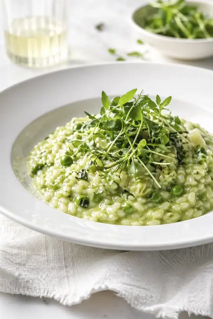 plated green pea risotto with herbs and creamy texture in white bowl