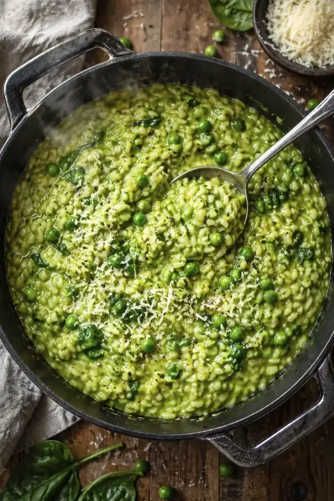 green pea risotto close up with parmesan lemon zest and fresh peas