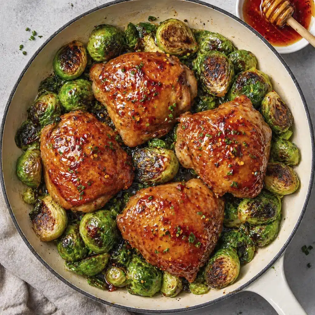 Hot Honey Chicken one pan recipe with roasted Brussels sprouts and chili honey glaze