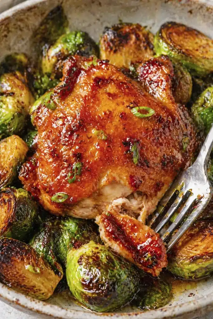 Crispy Hot Honey Chicken close up with spicy honey glaze and roasted vegetables