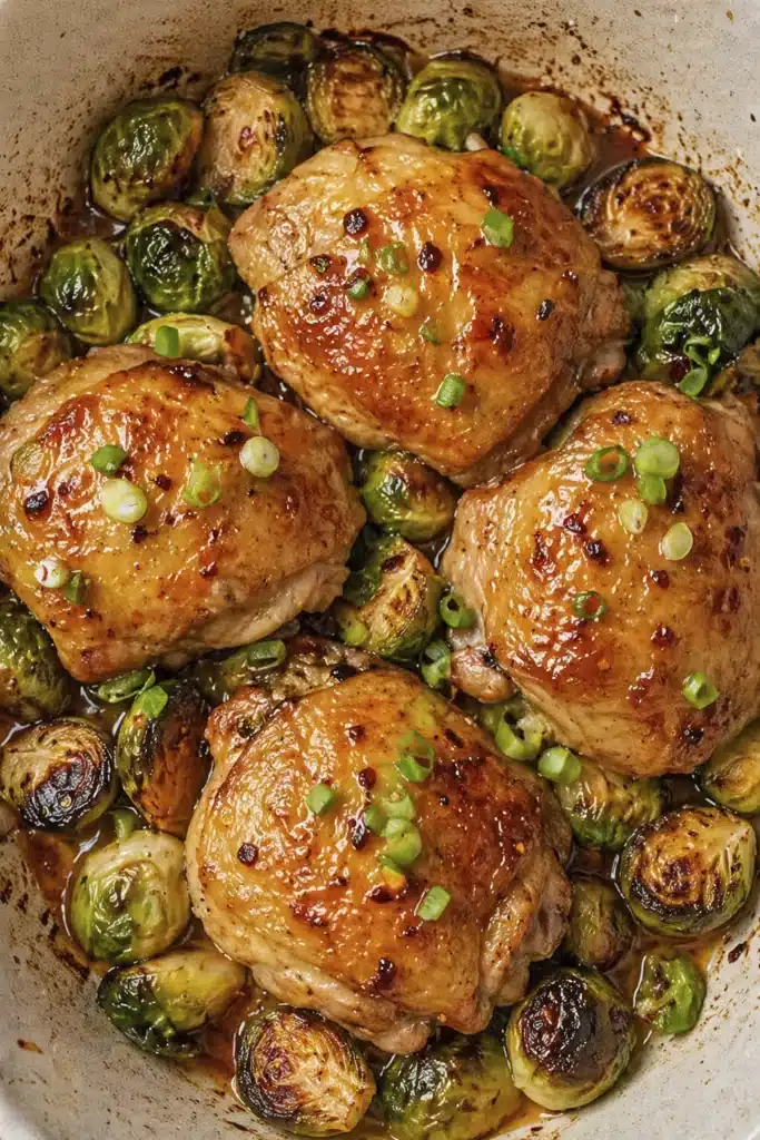 Hot Honey Chicken baked with Brussels sprouts in a pan with sweet and spicy glaze