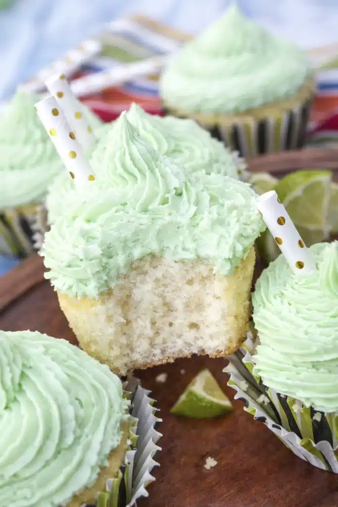 Moist margarita cupcake with tequila lime frosting showing soft fluffy interior crumb
