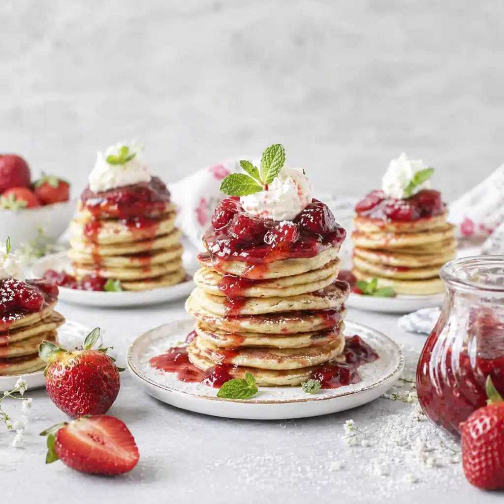 Coconut ricotta pancakes served on multiple plates with strawberry syrup and fresh berries