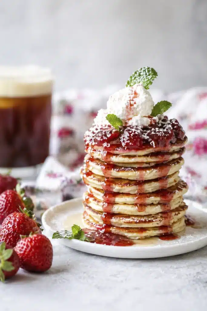 Fluffy coconut ricotta pancakes topped with strawberry sauce and whipped cream