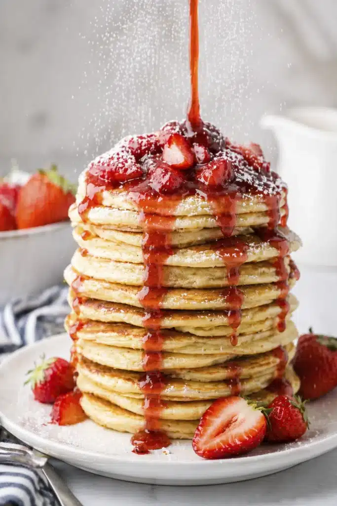 Coconut ricotta pancakes stacked high with fresh strawberry syrup pouring on top
