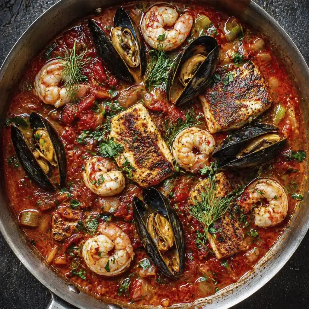 Close up of Seafood Stew Bursting with flavor featuring grilled fish, shrimp, mussels, and rich tomato broth