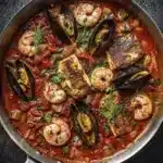 Close up of Seafood Stew Bursting with flavor featuring grilled fish, shrimp, mussels, and rich tomato broth