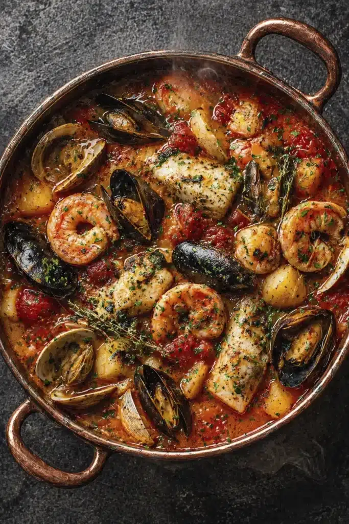Seafood Stew Bursting with flavor cooking in a pot with shrimp, clams, mussels, and herbs in tomato sauce