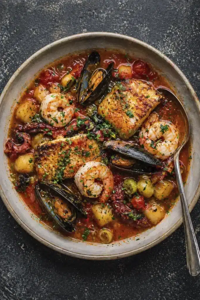Seafood Stew Bursting with flavor served in a bowl with shrimp, mussels, fish, and rich tomato broth