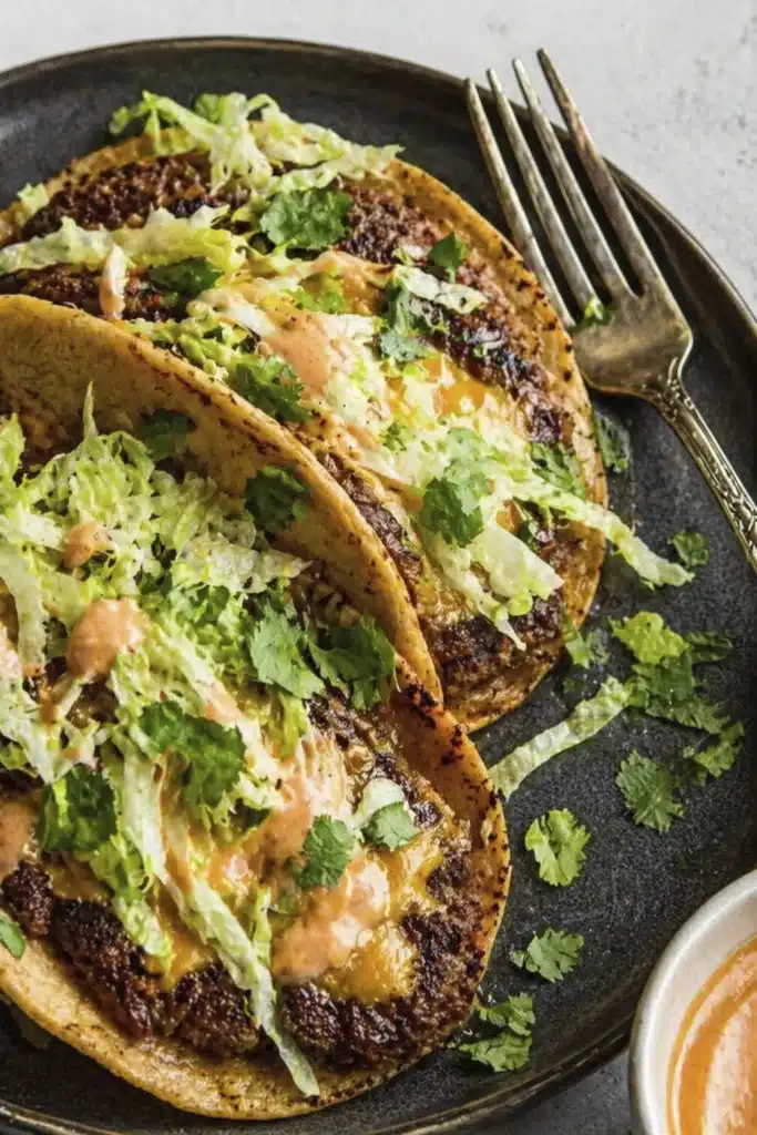 Smash Burger Tacos crispy juicy with melted cheese lettuce and sauce