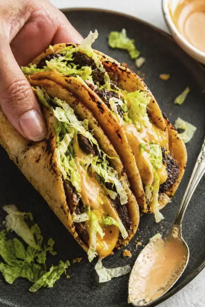 Smash Burger Tacos held in hand with crispy beef cheese and creamy sauce