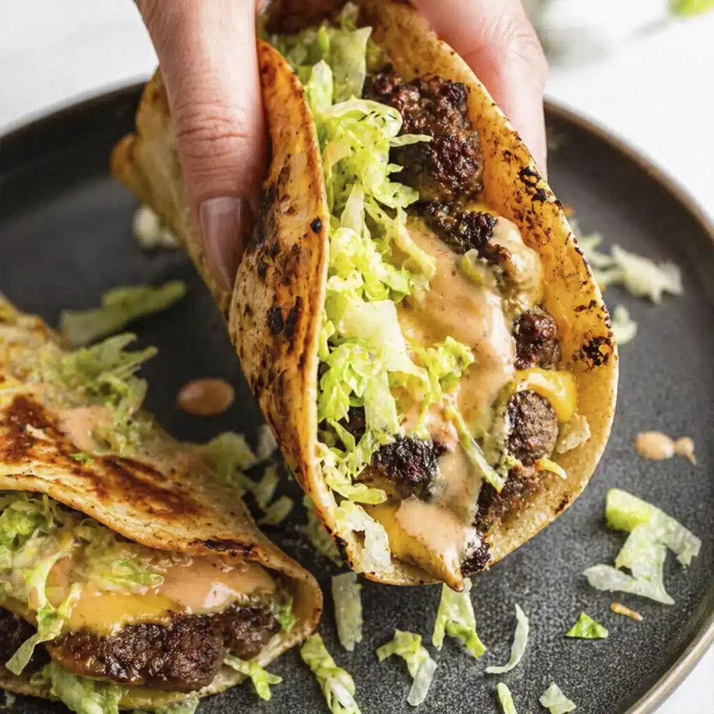 Close up Smash Burger Tacos with crispy beef melted cheese lettuce and sauce