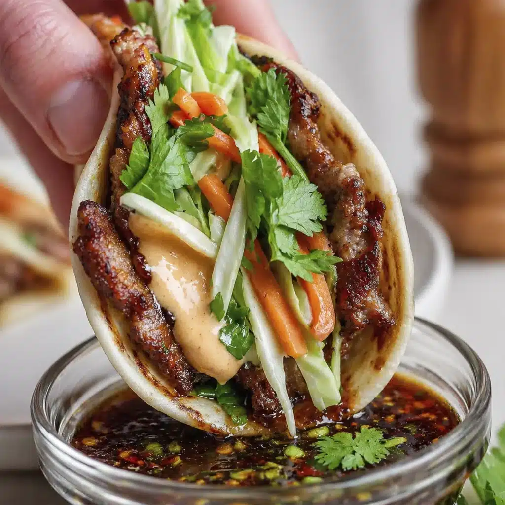 Crispy smash dumpling tacos close up with vegetables herbs and dipping sauce