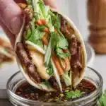 Crispy smash dumpling tacos close up with vegetables herbs and dipping sauce