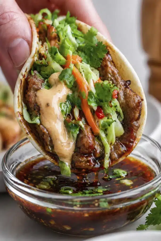Smash dumpling tacos dipped in spicy soy sauce with fresh herbs and creamy topping