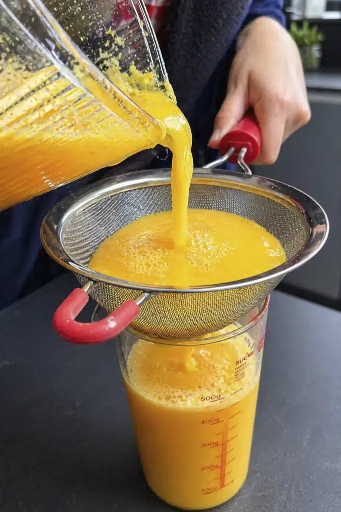 Straining turmeric ginger lemon shots mixture through a fine mesh sieve for a smooth texture