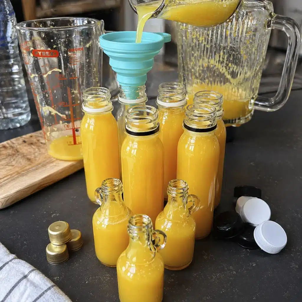 Turmeric ginger lemon shots being poured into small glass bottles using a funnel for storage