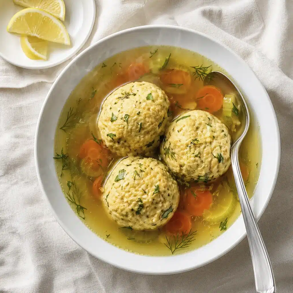 Ultimate Matzo Ball Soup served in bowl with fresh herbs and golden broth