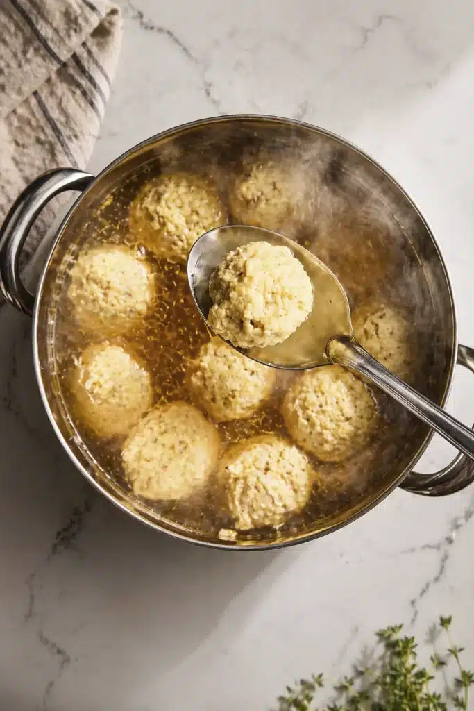 Ultimate Matzo Ball Soup cooking in pot with fluffy matzo balls simmering in rich chicken broth