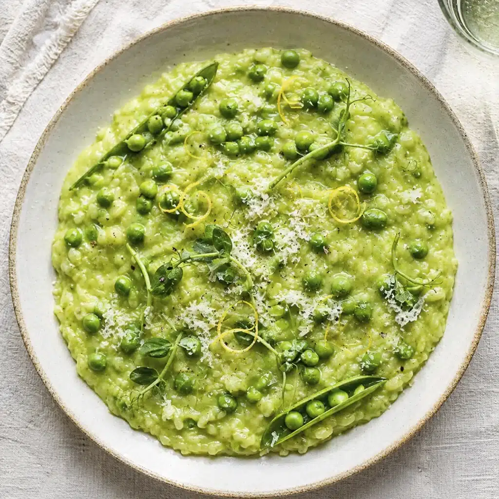 creamy green pea risotto in pan with arborio rice parmesan and fresh peas
