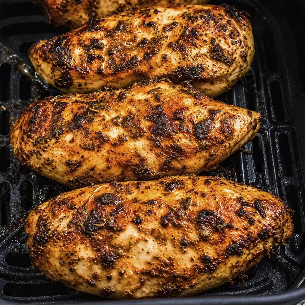 Juicy air fryer chicken breasts cooking in basket with crispy seasoned exterior and golden brown texture