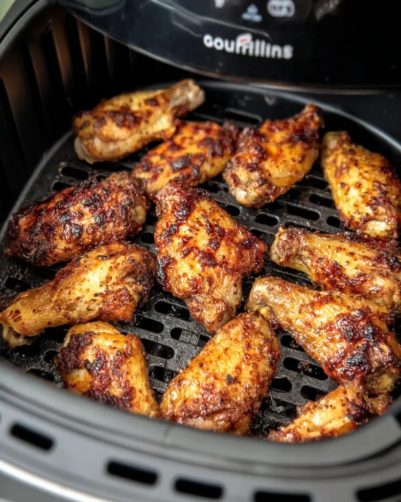 Air Fryer Chicken Wings cooking in basket with golden crispy texture