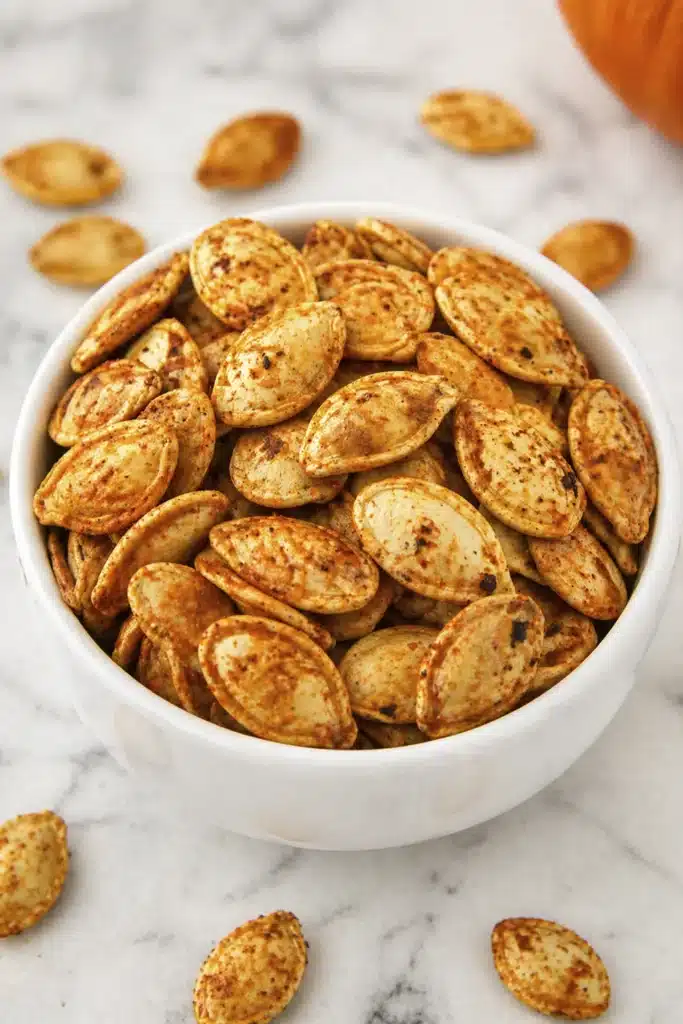 crispy air fryer pumpkin seeds in a white bowl with seasoning
