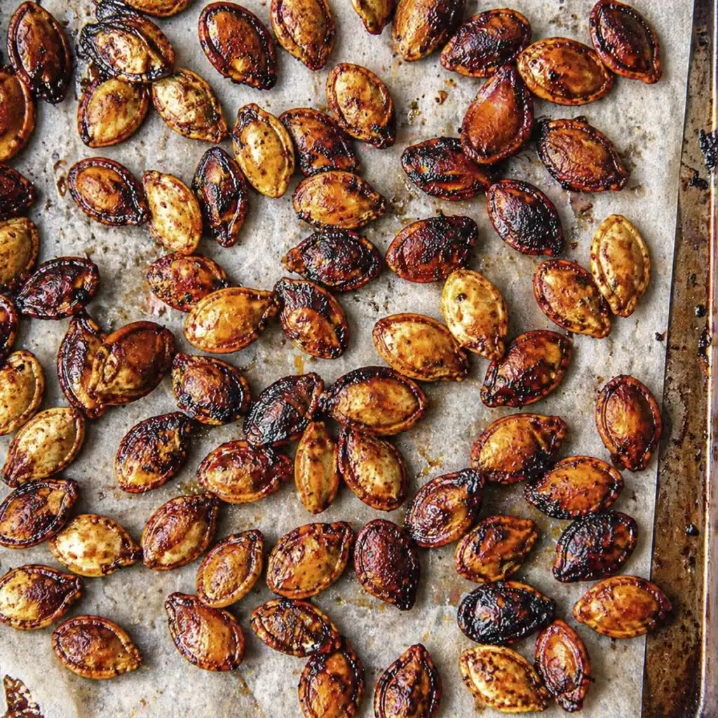 air fryer pumpkin seeds spread on tray crispy and evenly roasted