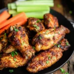 Plate of crispy air fryer wings served with celery and carrot sticks