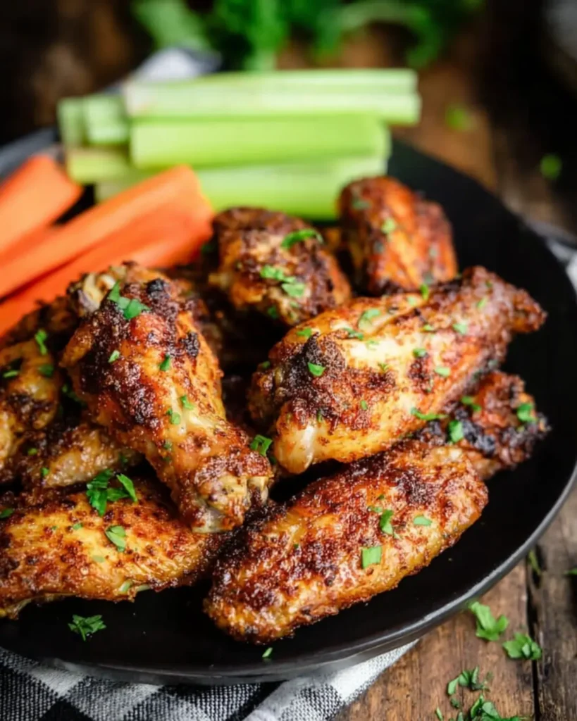 Plate of crispy air fryer wings served with celery and carrot sticks