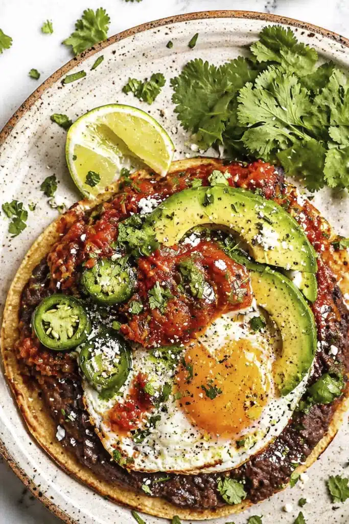 Authentic huevos rancheros recipe with black beans, fried egg, salsa, and avocado on corn tortilla