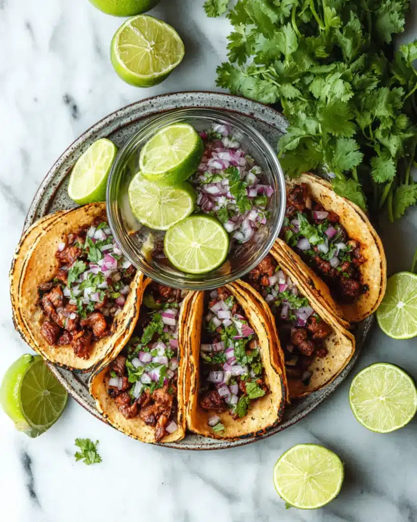 Top view of tacos filled with grilled meat, chopped onions, cilantro, and lime slices on a plate