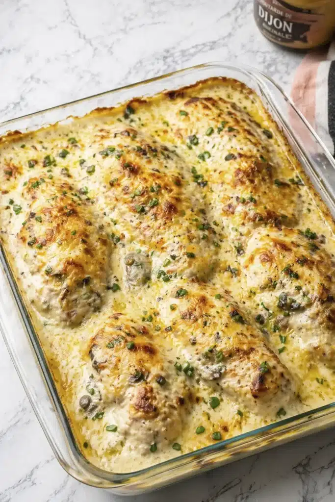 Cheesy creamy chicken casserole close up with browned top and herbs