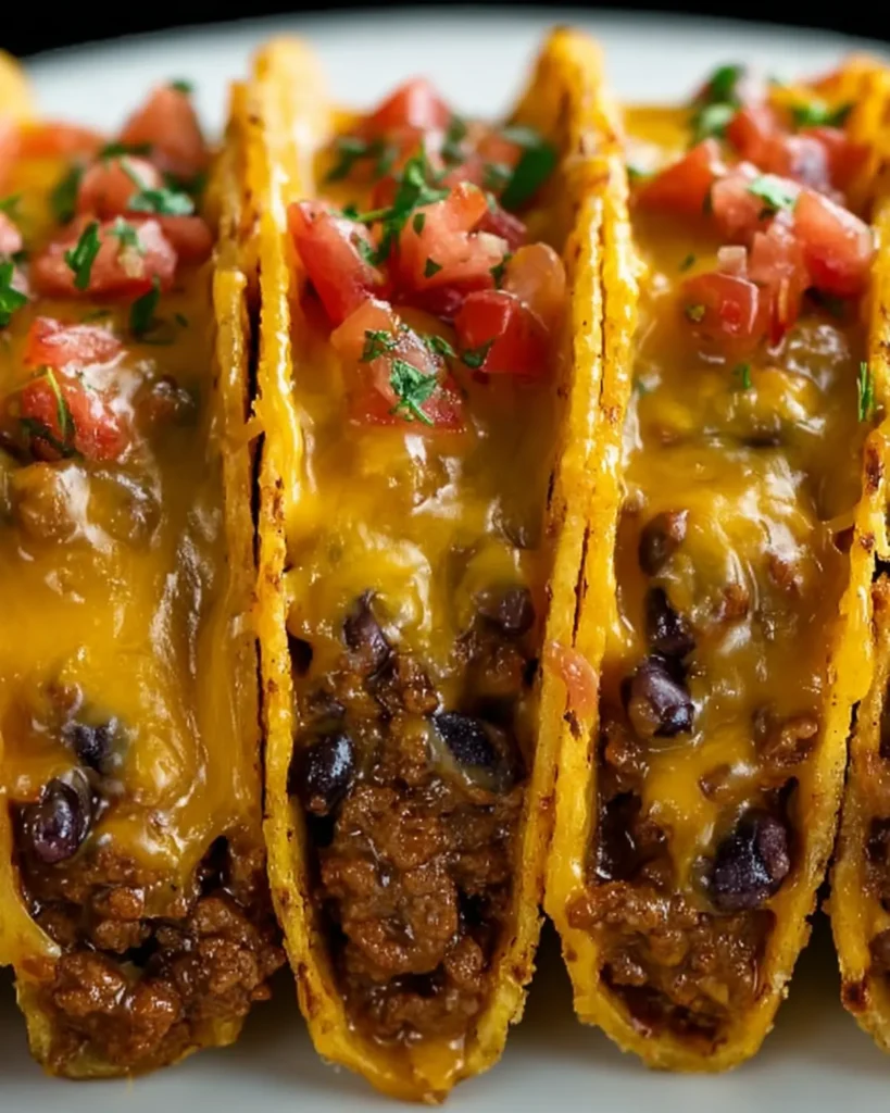 Row of cheesy tacos with black beans and seasoned meat topped with diced tomatoes