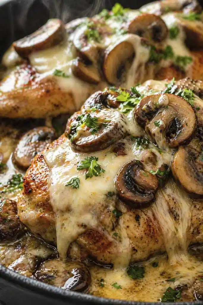Texas Roadhouse Smothered Chicken with melted cheese mushrooms and herbs
