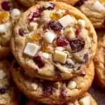 Chewy cranberry white chocolate cookies stacked on a rustic surface