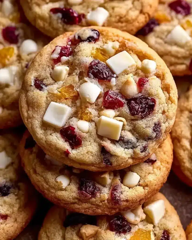 Chewy cranberry white chocolate cookies stacked on a rustic surface
