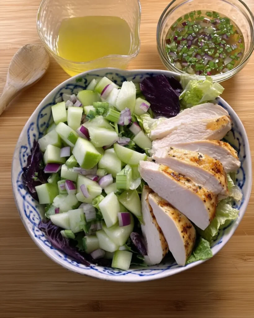 Grilled chicken with cucumber salad and light vinaigrette in a bowl